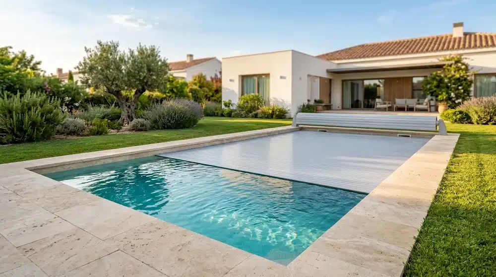 Cubierta para piscina de lamas a medio recoger en una piscina de obra de un chalet