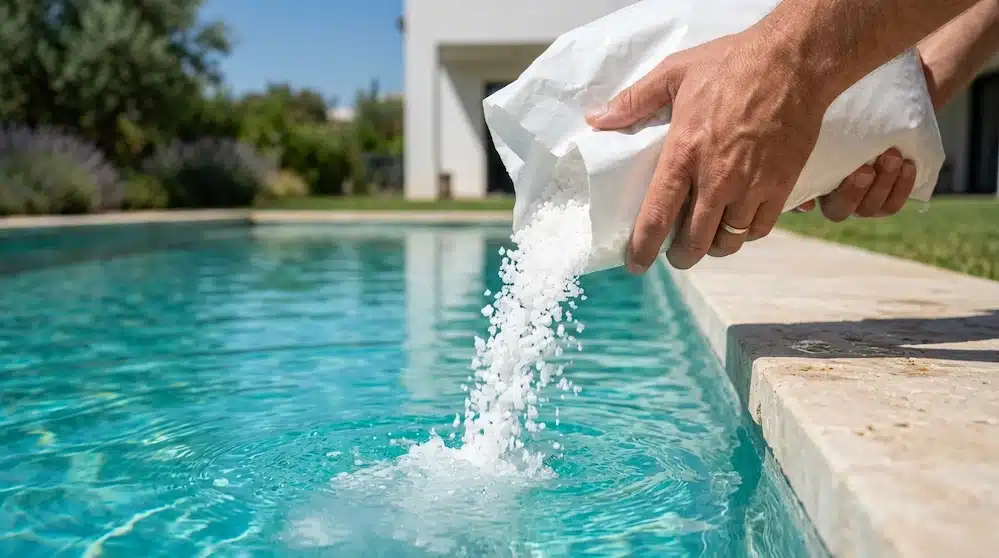 Mano echando sal en una piscina de agua salada con clorador salino en el jardín de un chalet