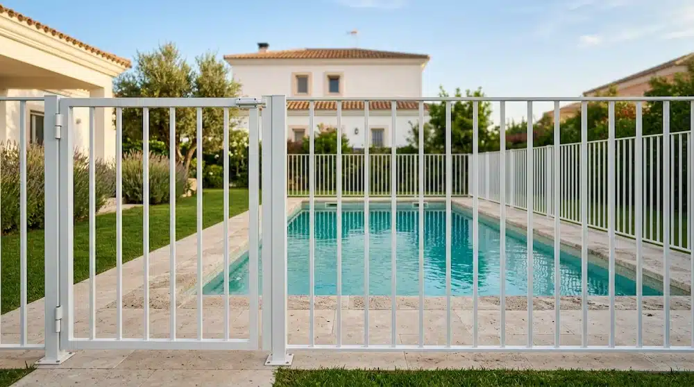 Valla para piscina de aluminio con barrotes verticales y puerta de cierre automático en el jardín de un chalet